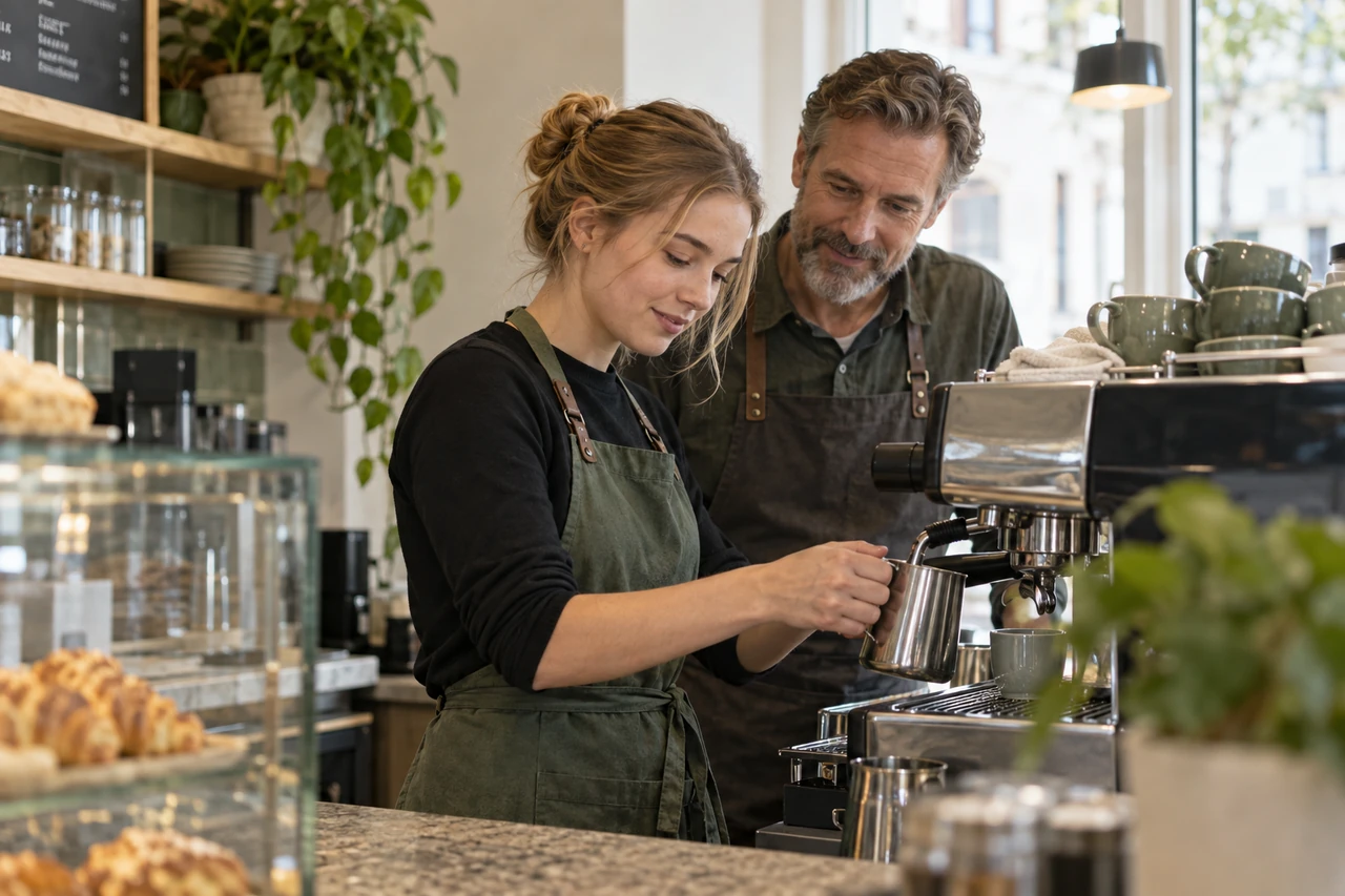 Illustration: en nyanställd lär sig arbetet tillsammans med en kaféägare.