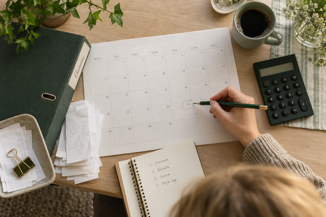 Illustration: månadsplanering av betalningar med kalender och ekonomiska underlag.