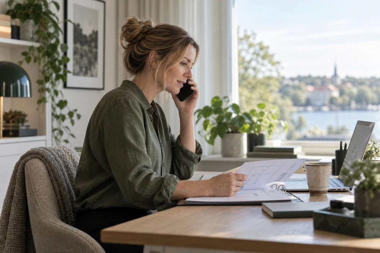 Illustration: en företagare följer upp en kundfaktura per telefon.
